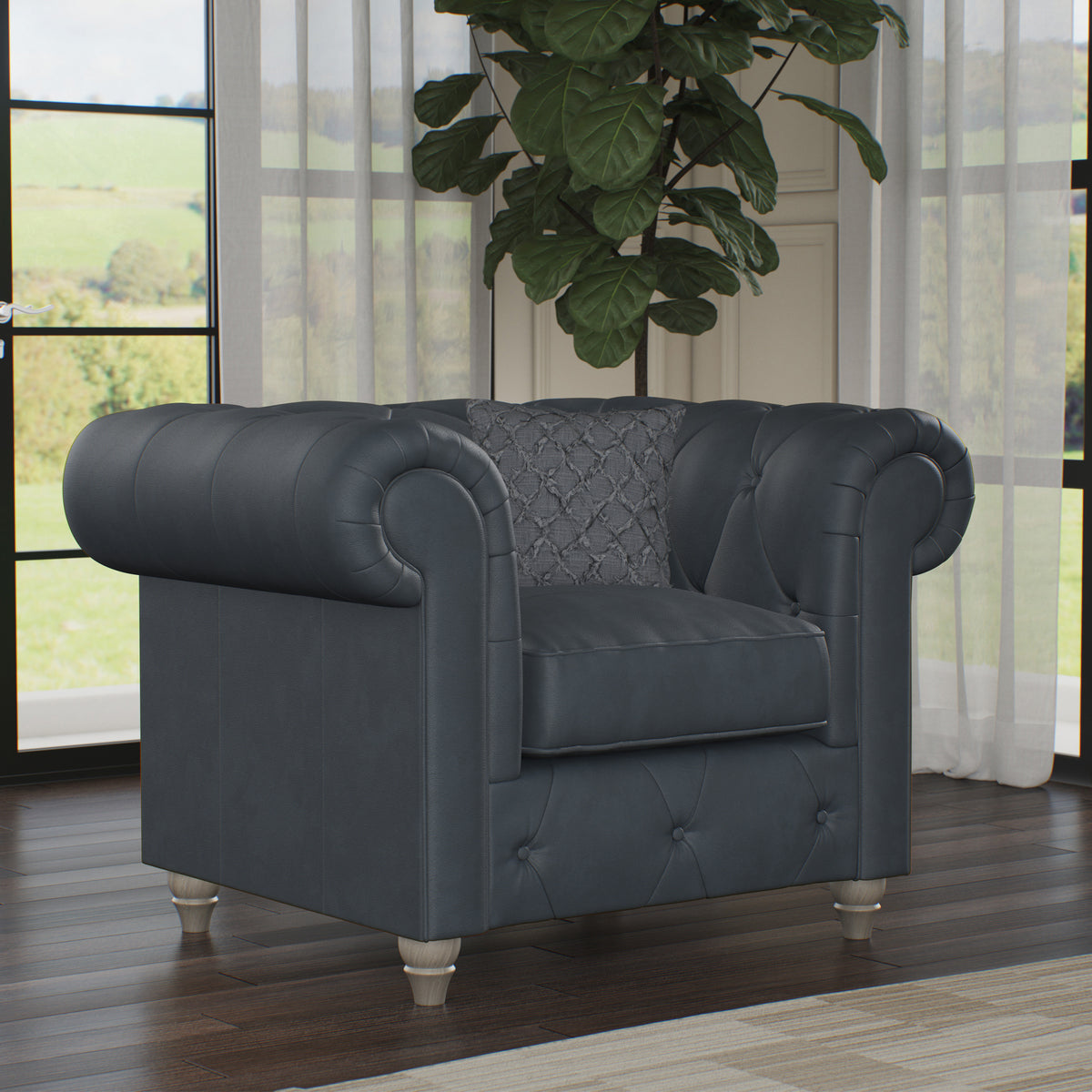 Everett Leather Armchair Navy Washed Oak Feet from Roseland Furniture