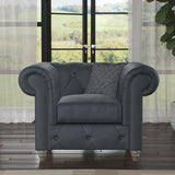 Everett Leather Armchair Navy Washed Oak Feet from Roseland Furniture