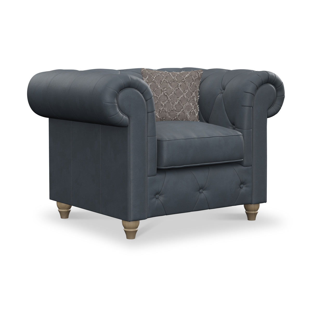 Everett Leather Armchair Navy Walnut Feet from Roseland Furniture