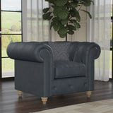 Everett Leather Armchair Navy Walnut Feet from Roseland Furniture