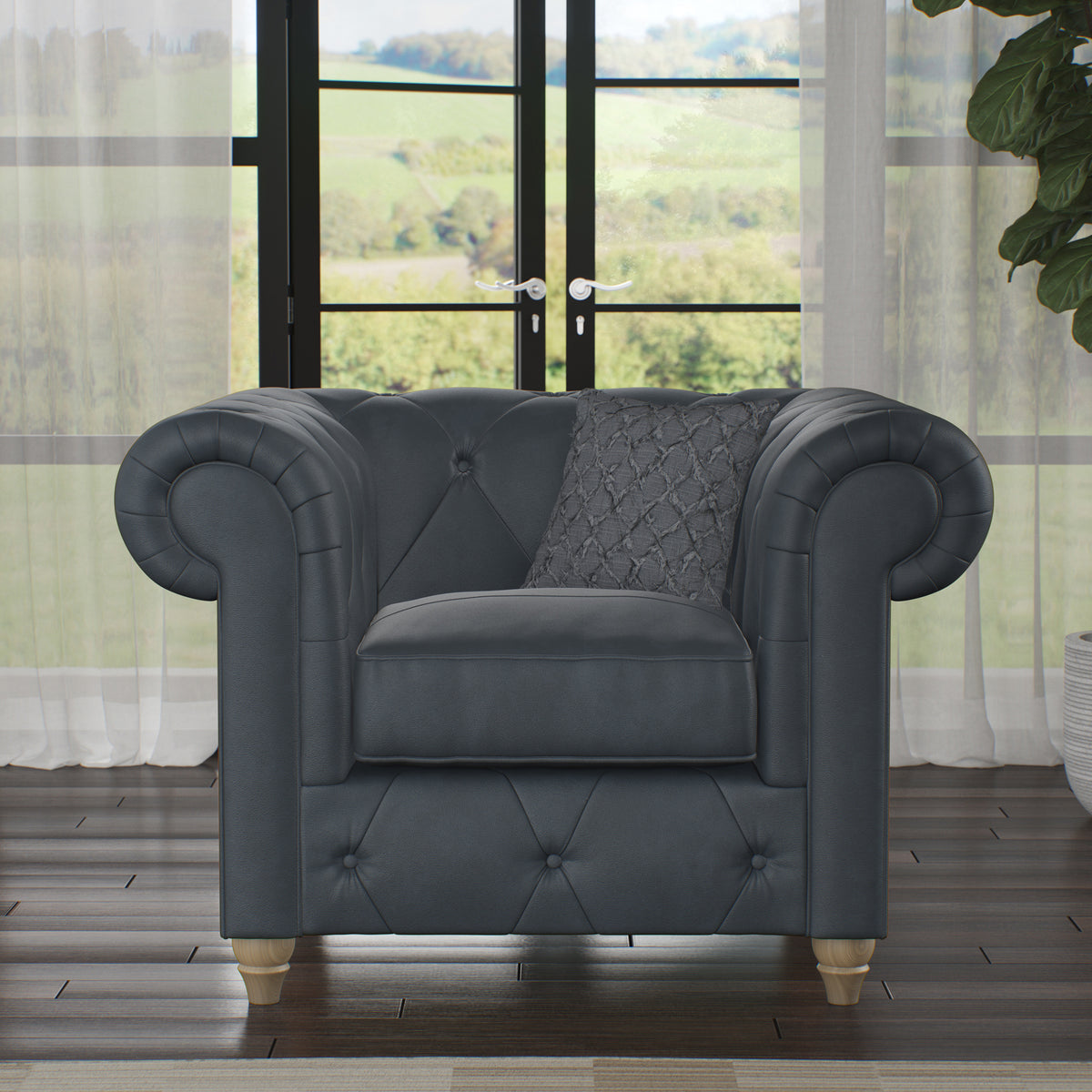 Everett Leather Armchair Navy Walnut Feet from Roseland Furniture