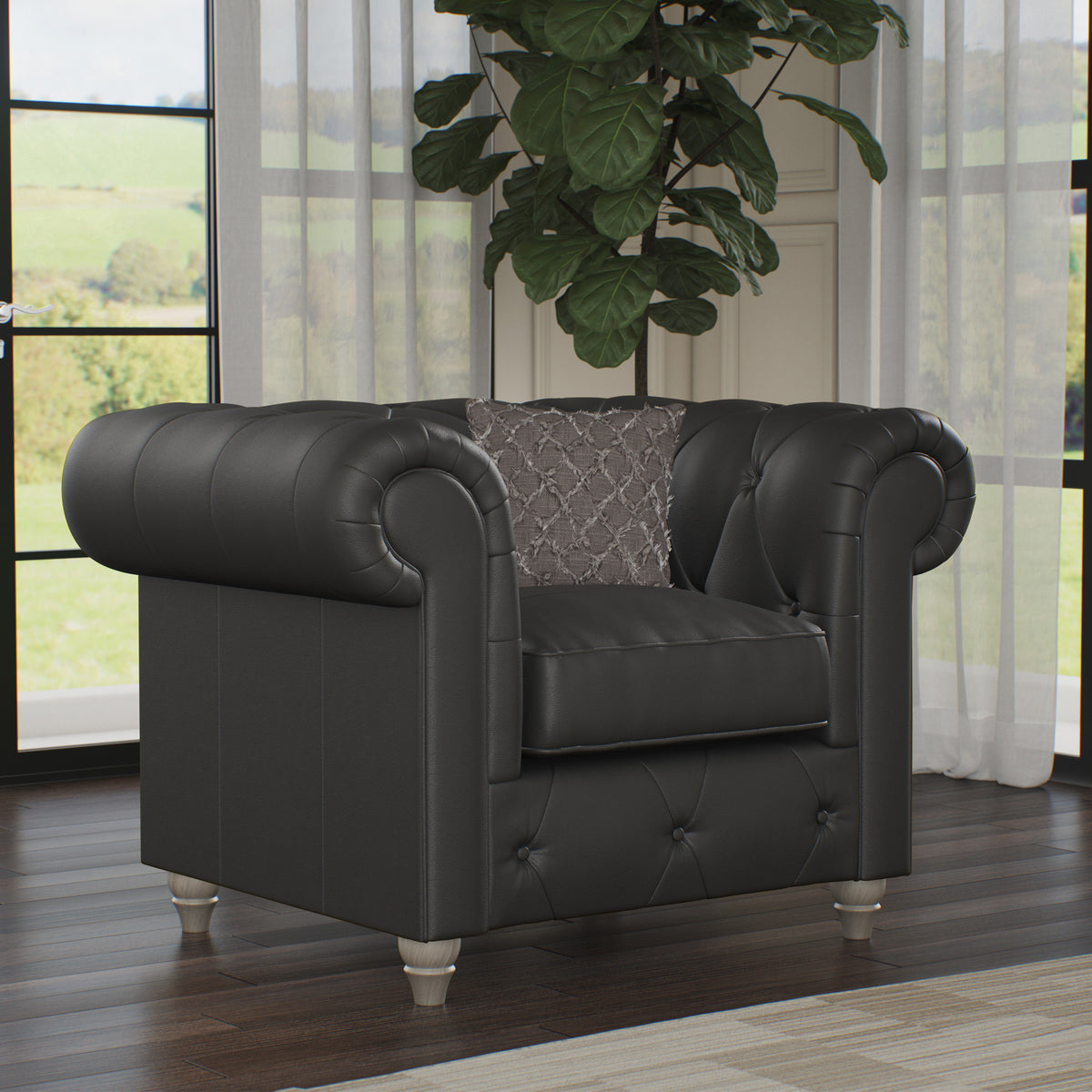 Everett Leather Armchair Raven Washed Oak Feet from Roseland Furniture