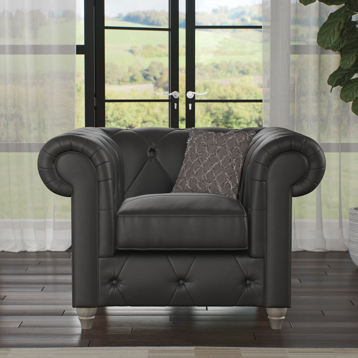 Everett Leather Armchair Raven Washed Oak Feet from Roseland Furniture