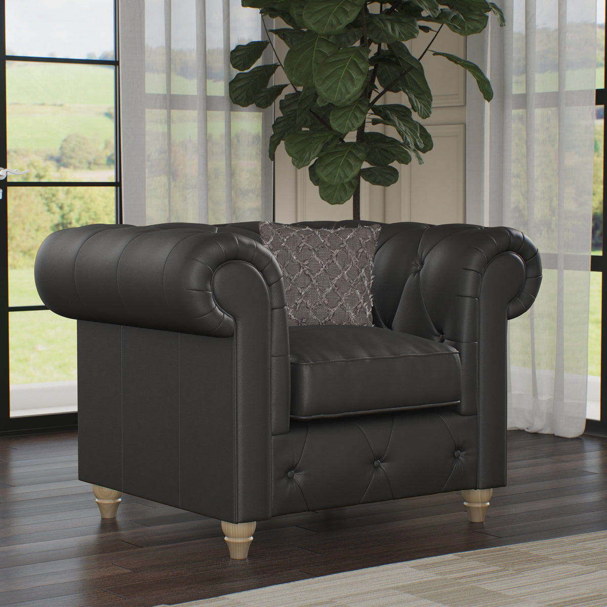 Everett Leather Armchair Raven Walnut Feet from Roseland Furniture