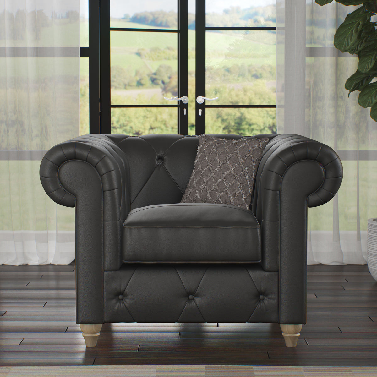 Everett Leather Armchair Raven Walnut Feet from Roseland Furniture