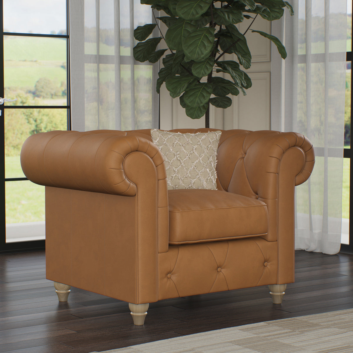 Everett Leather Armchair Saddle Walnut Feet from Roseland Furniture