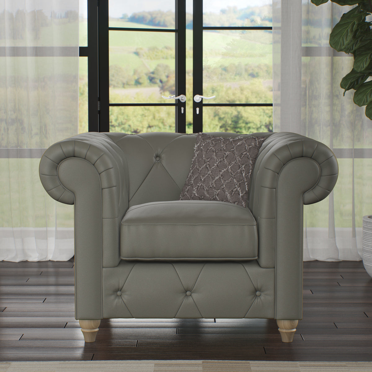 Everett Leather Armchair Stone Grey Walnut Feet from Roseland Furniture