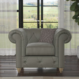 Everett Leather Armchair Stone Grey Walnut Feet from Roseland Furniture