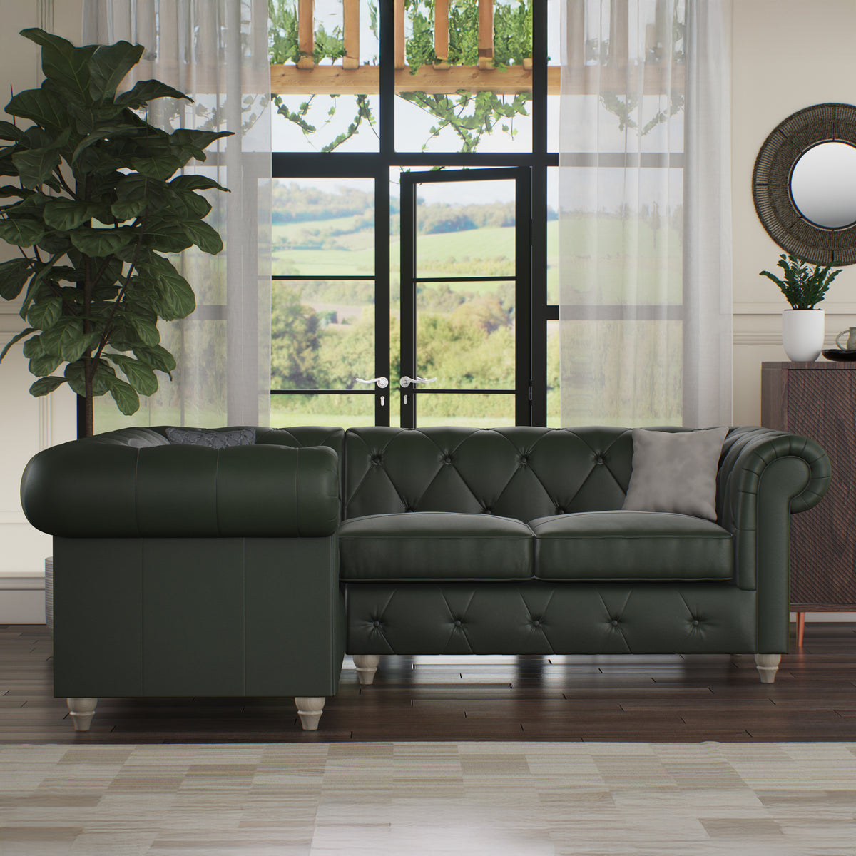 Everett LH Leather Corner Sofa Green Washed Feet from Roseland Furniture