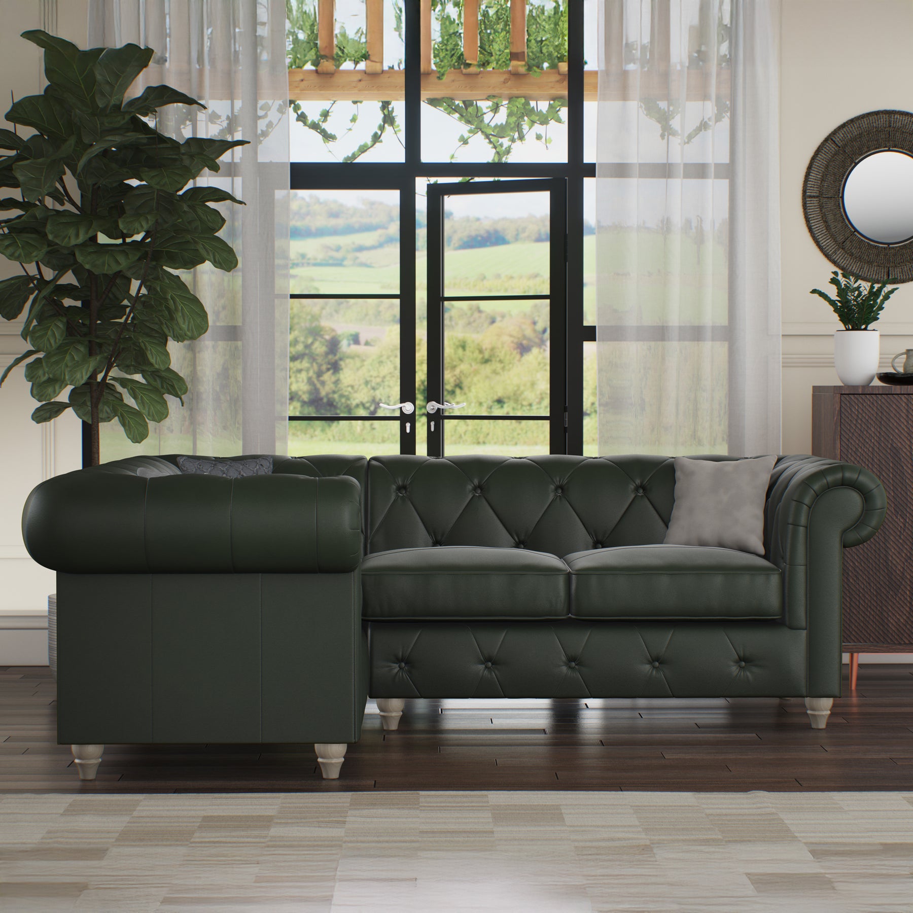 Everett LH Leather Corner Sofa Green Washed Feet from Roseland Furniture