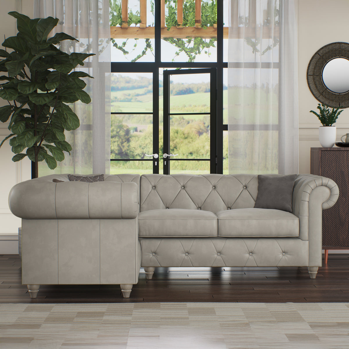 Everett LH Leather Corner Sofa Cloud Washed Feet from Roseland Furniture