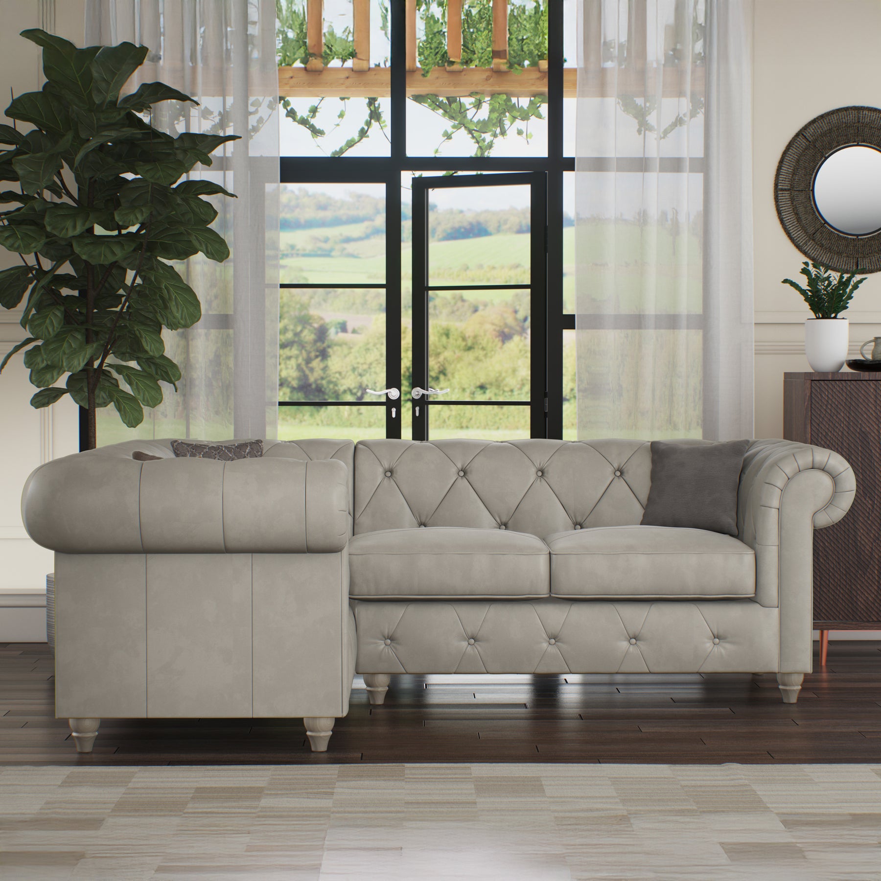 Everett LH Leather Corner Sofa Cloud Washed Feet from Roseland Furniture