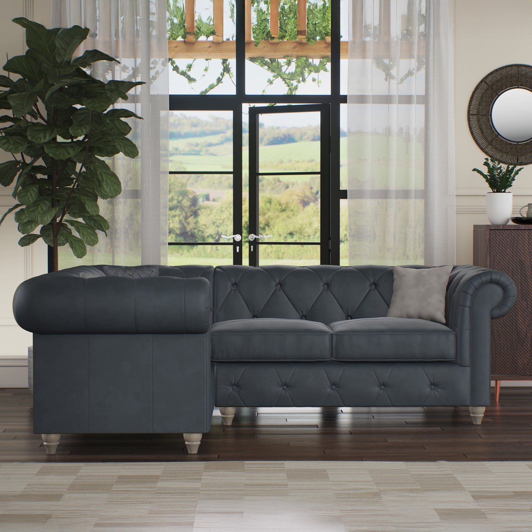 Everett LH Leather Corner Sofa Navy Washed Feet from Roseland Furniture