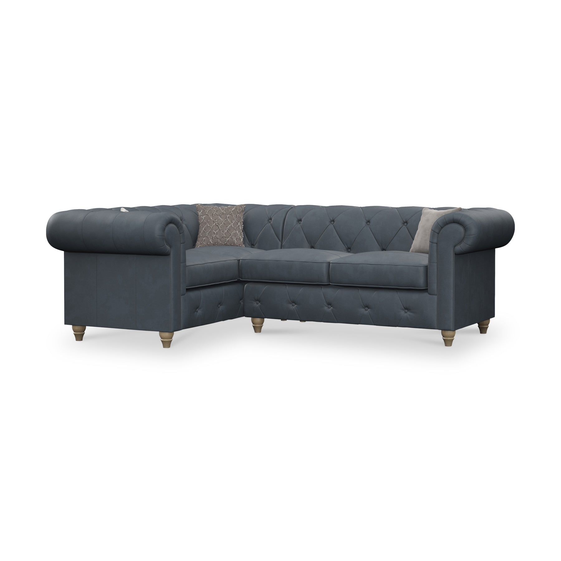 Everett LH Leather Corner Sofa Navy Walnut Feet from Roseland Furniture