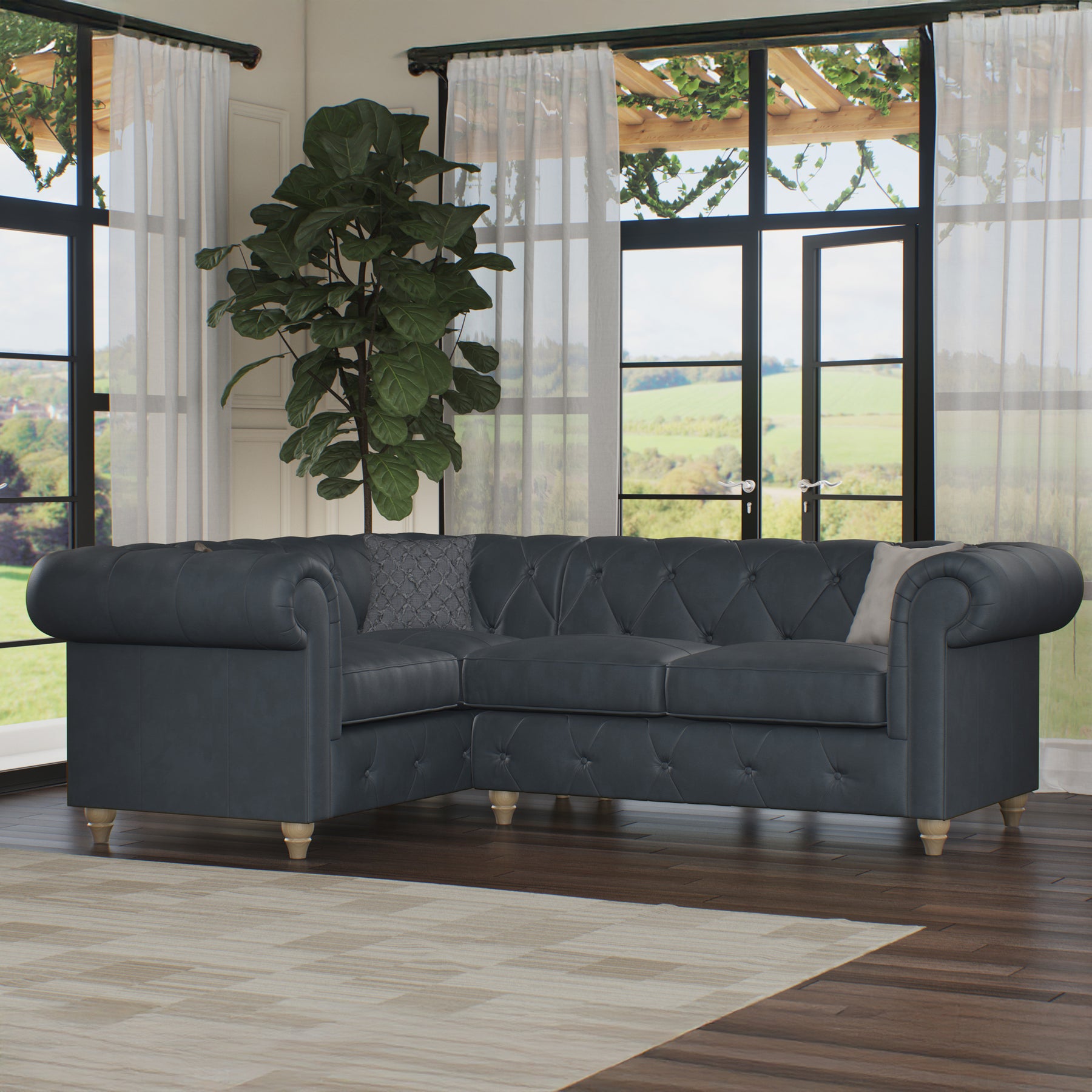 Everett LH Leather Corner Sofa Navy Walnut Feet from Roseland Furniture