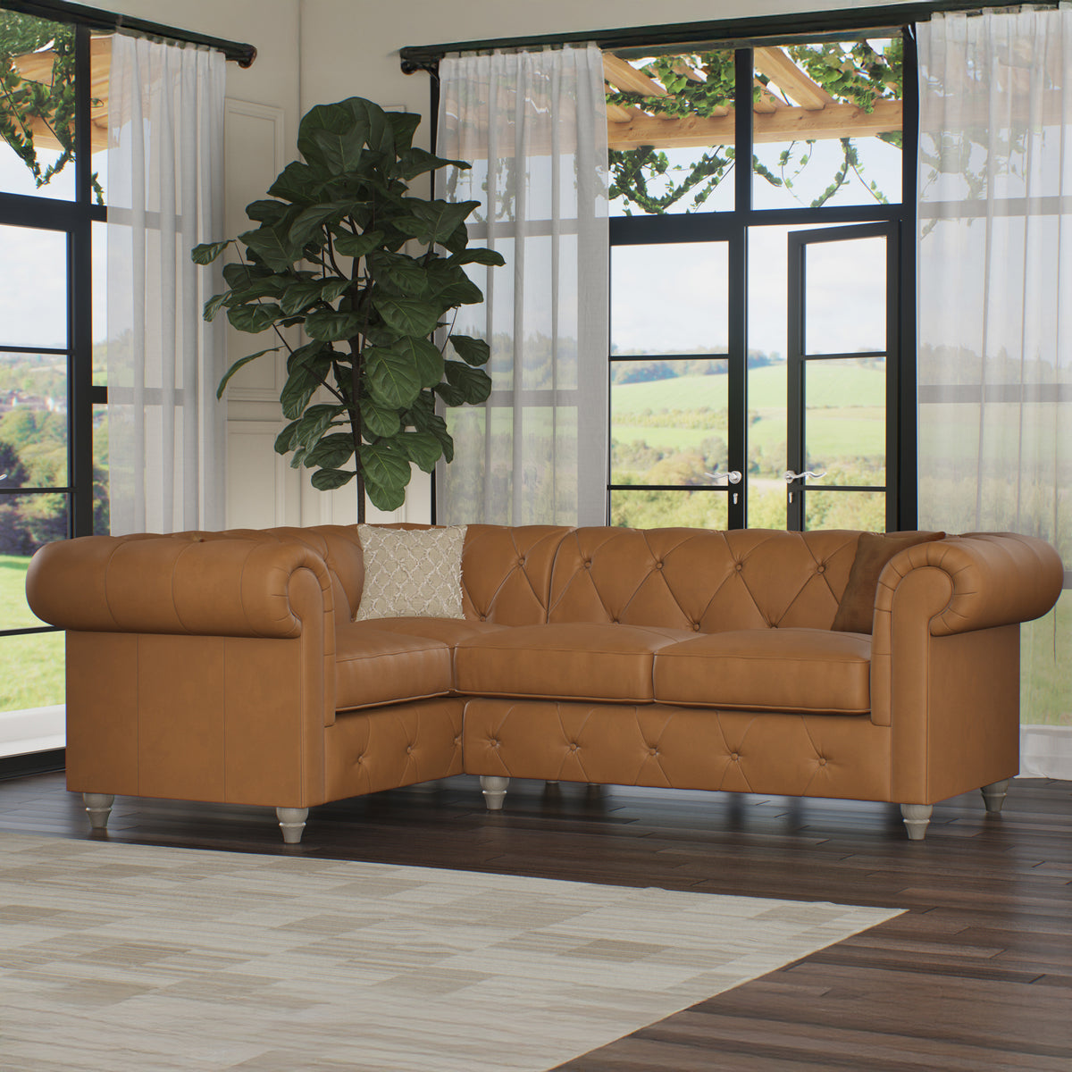 Everett LH Leather Corner Sofa Saddle Washed Feet from Roseland Furniture