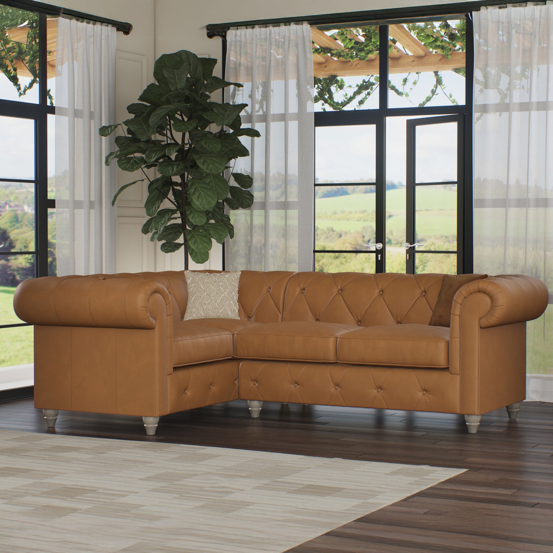 Everett LH Leather Corner Sofa Saddle Washed Feet from Roseland Furniture