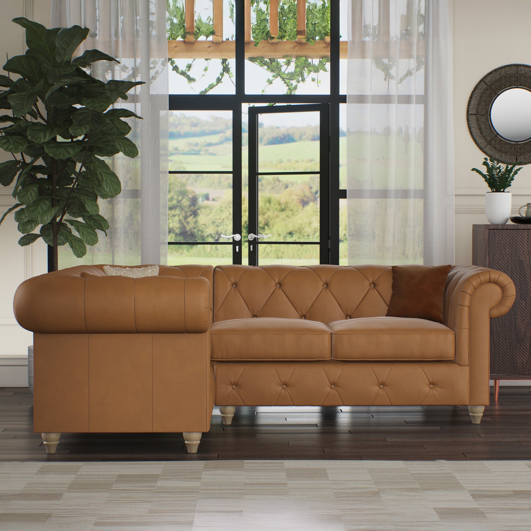 Everett LH Leather Corner Sofa Saddle Walnut Feet from Roseland Furniture
