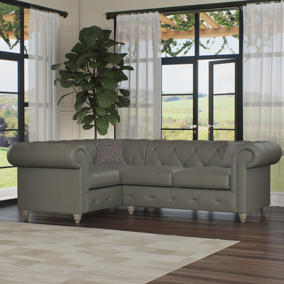 Everett LH Leather Corner Sofa Stone Grey Washed Feet from Roseland Furniture