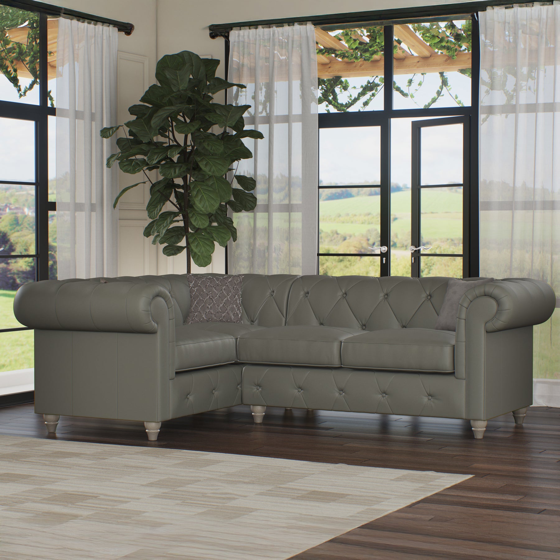Everett LH Leather Corner Sofa Stone Grey Washed Feet from Roseland Furniture