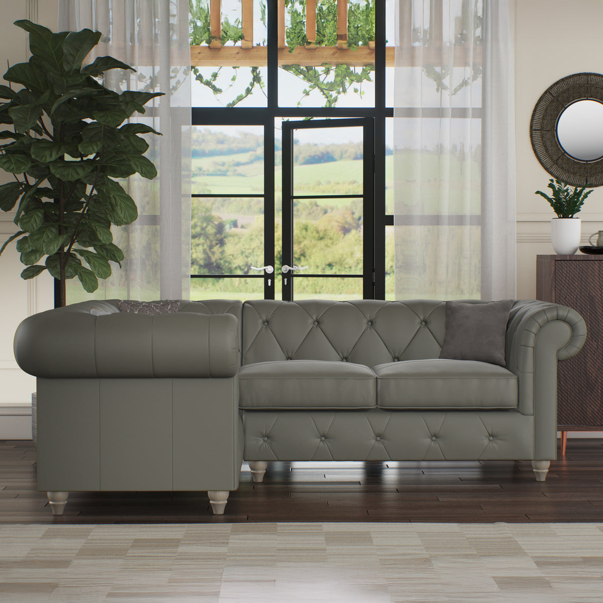Everett LH Leather Corner Sofa Stone Grey Washed Feet from Roseland Furniture