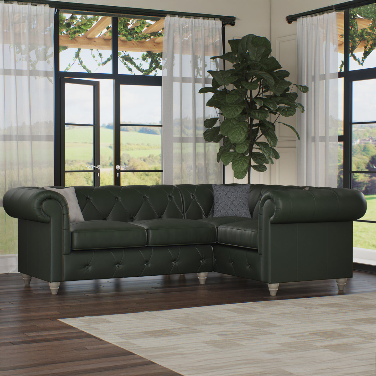 Everett RH Leather Corner Sofa Green Washed Feet from Roseland Furniture