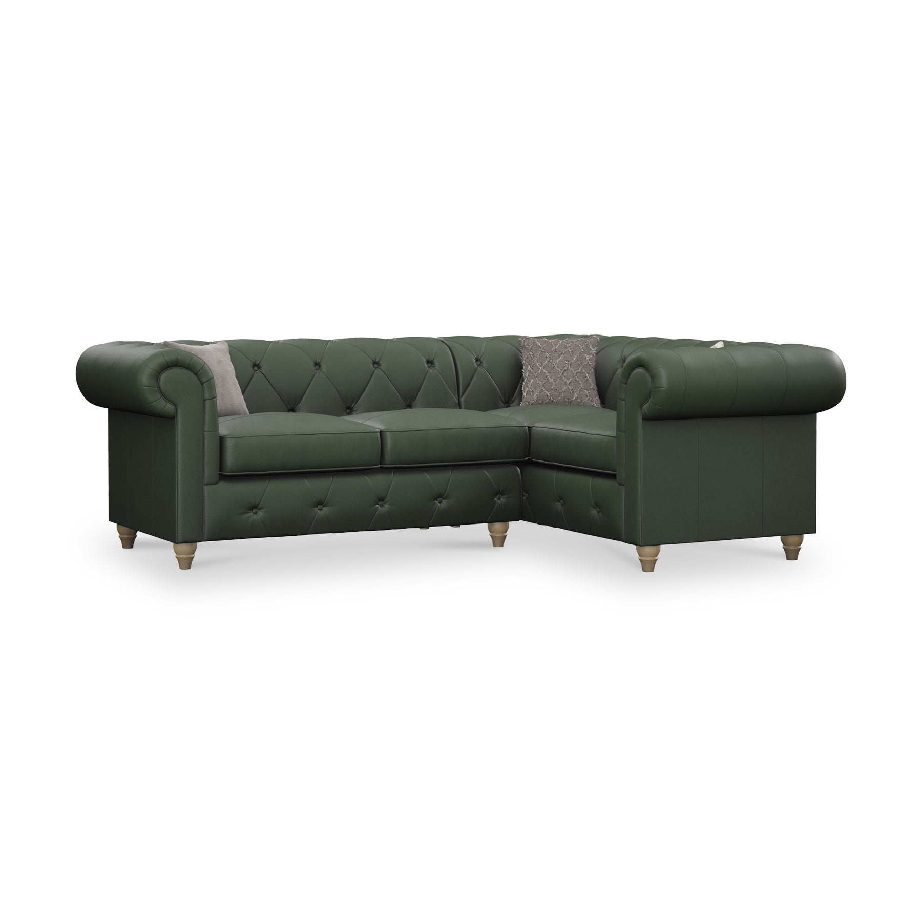 Everett RH Leather Corner Sofa Green Walnut Feet from Roseland Furniture