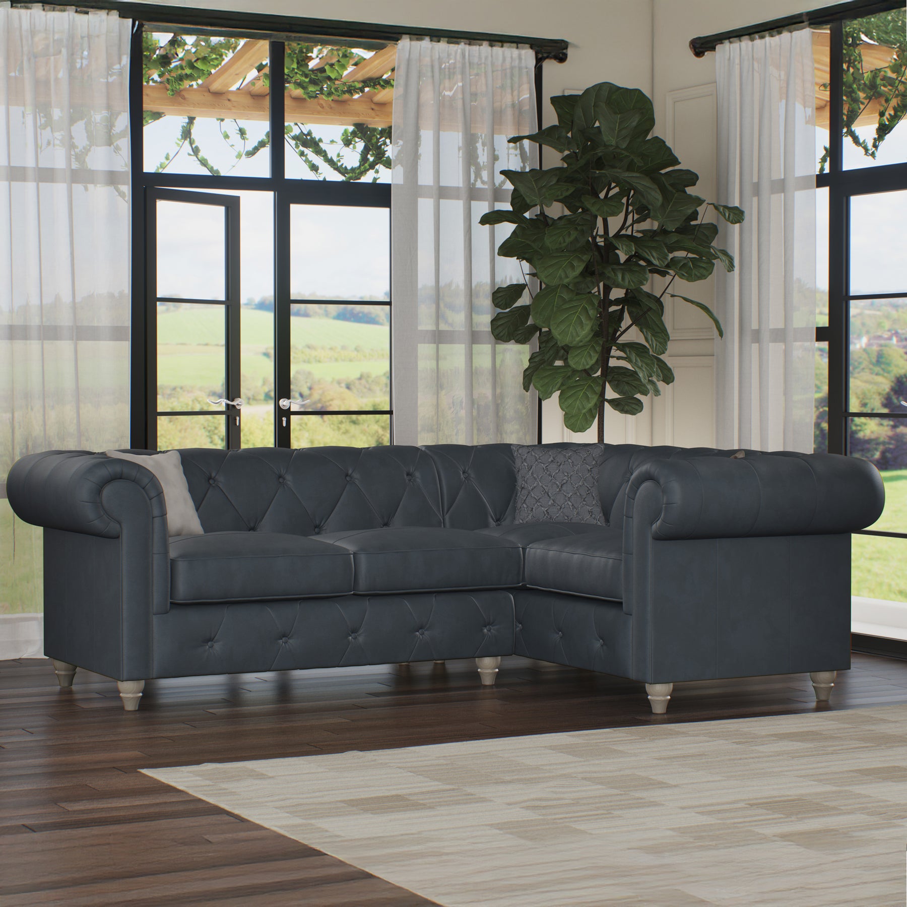 Everett RH Leather Corner Sofa Navy Washed Feet from Roseland Furniture