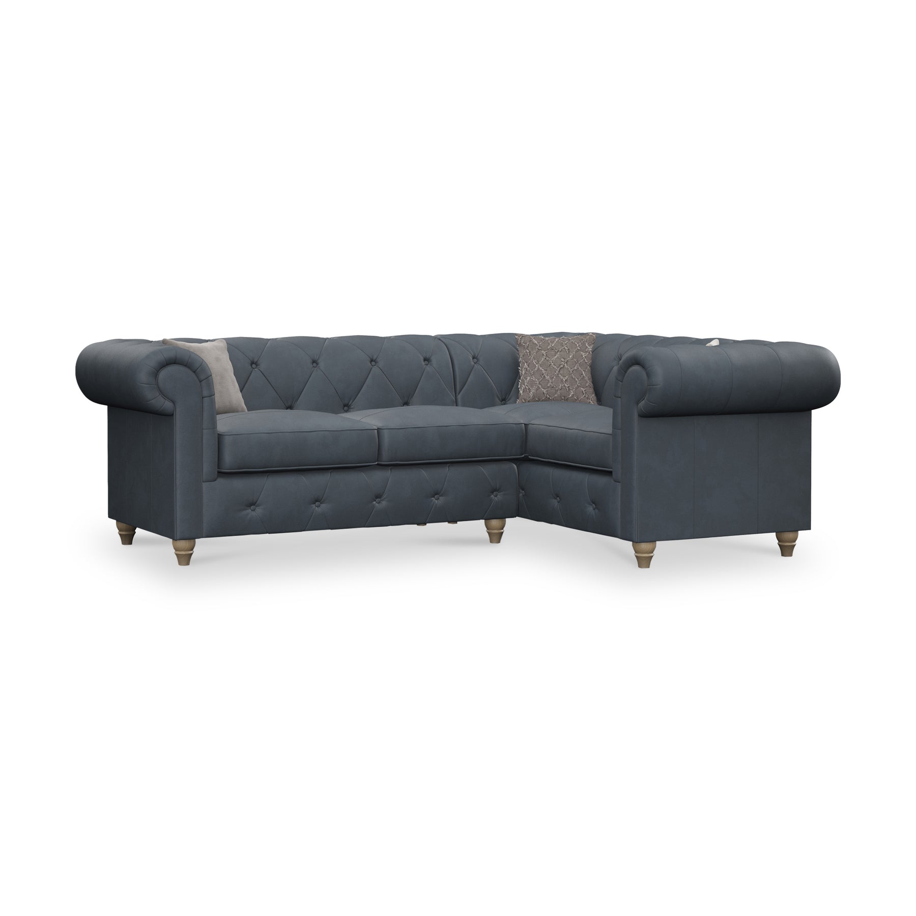 Everett RH Leather Corner Sofa Navy Walnut Feet from Roseland Furniture