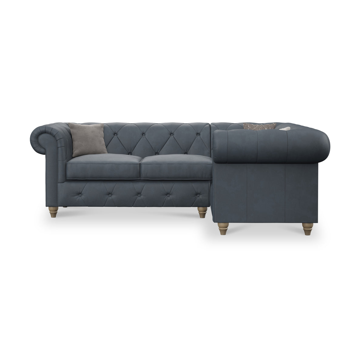 Everett RH Leather Corner Sofa Navy Walnut Feet from Roseland Furniture