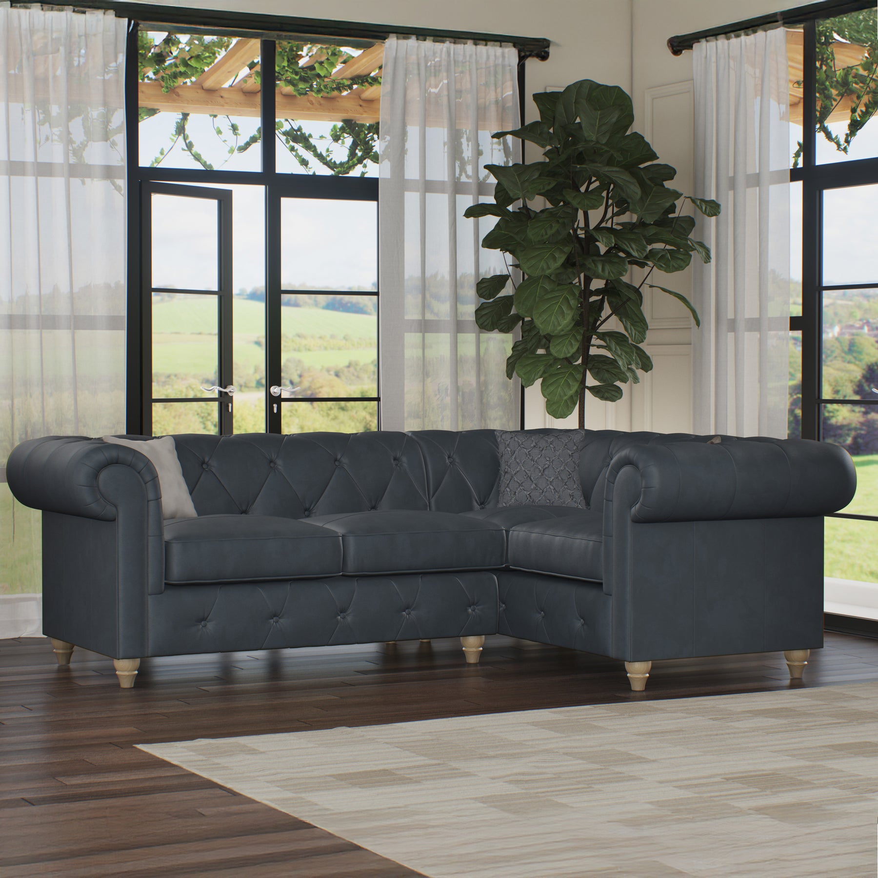 Everett RH Leather Corner Sofa Navy Walnut Feet from Roseland Furniture