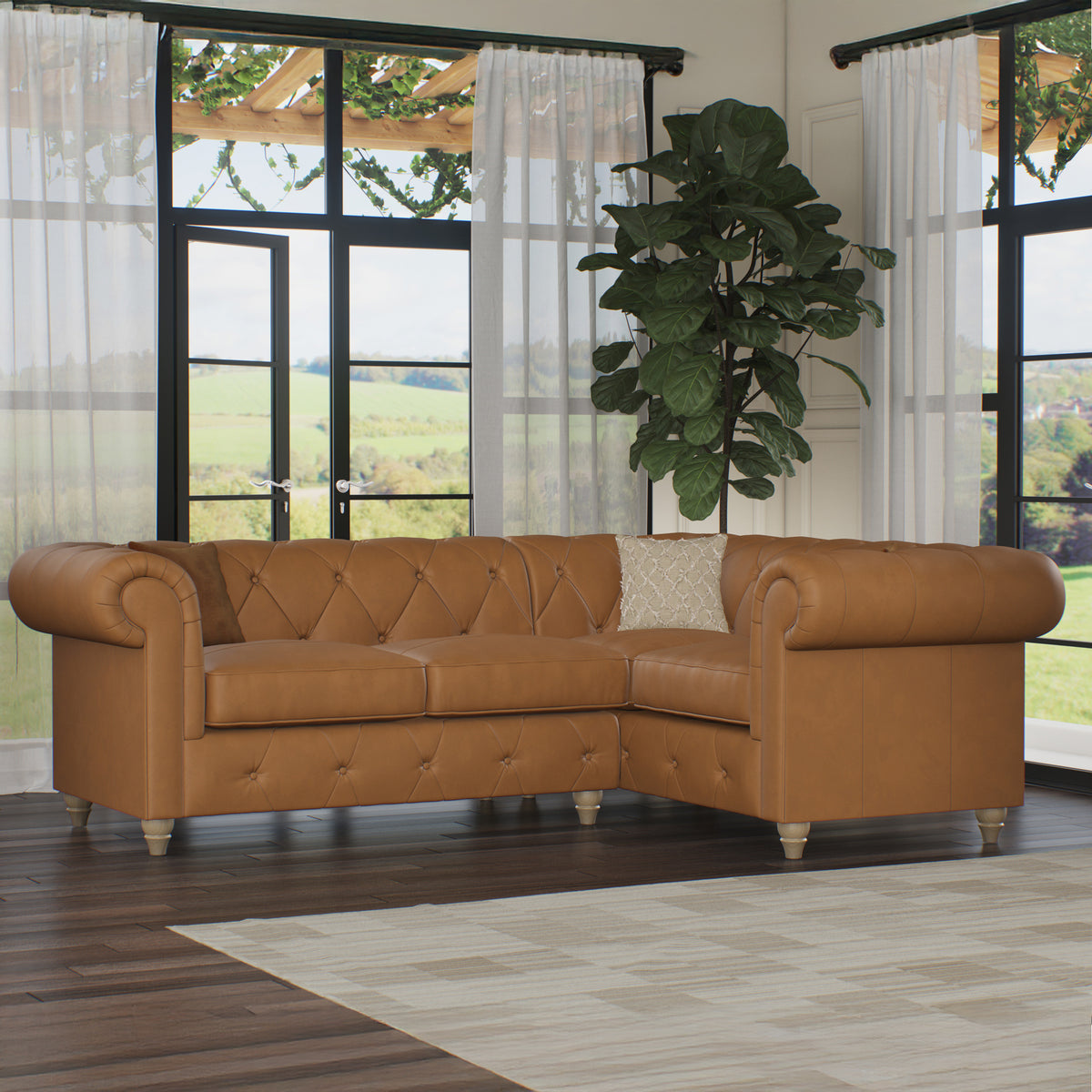 Everett RH Leather Corner Sofa Saddle Walnut Feet from Roseland Furniture