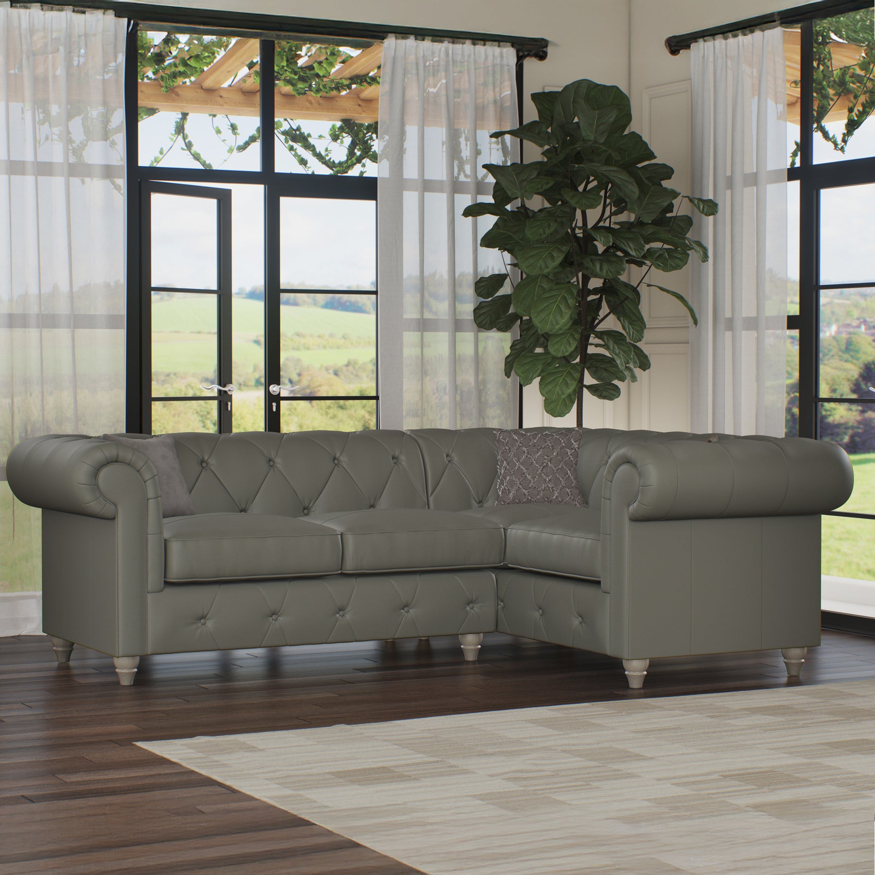 Everett RH Leather Corner Sofa Stone Grey Washed Feet from Roseland Furniture