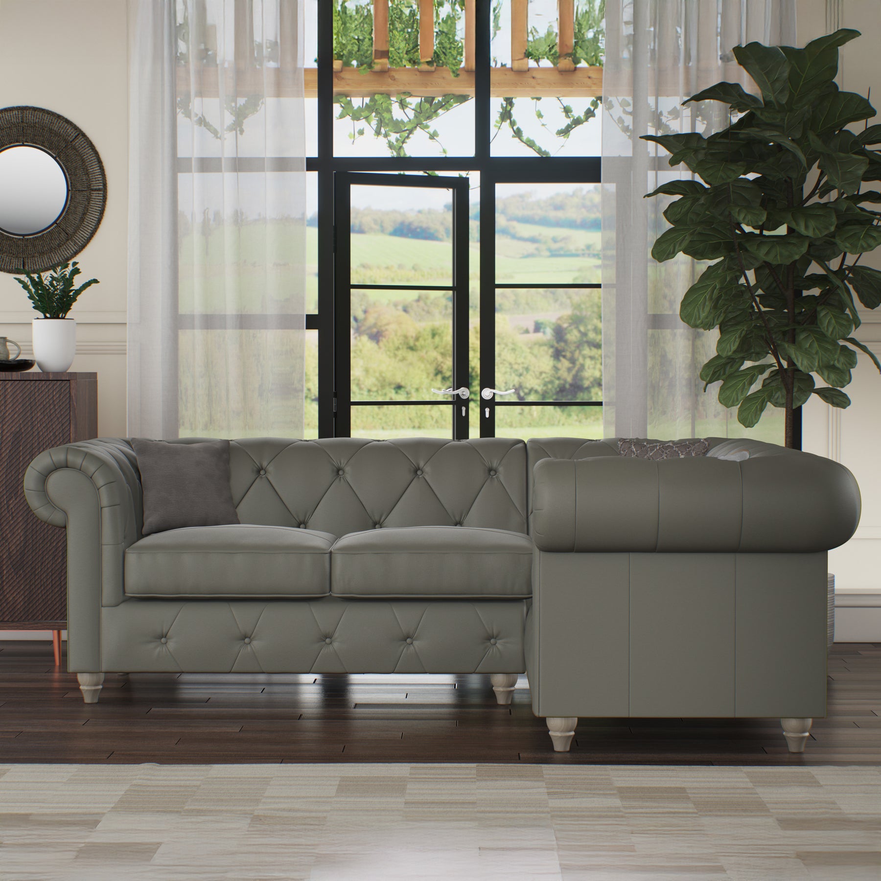 Everett RH Leather Corner Sofa Stone Grey Washed Feet from Roseland Furniture