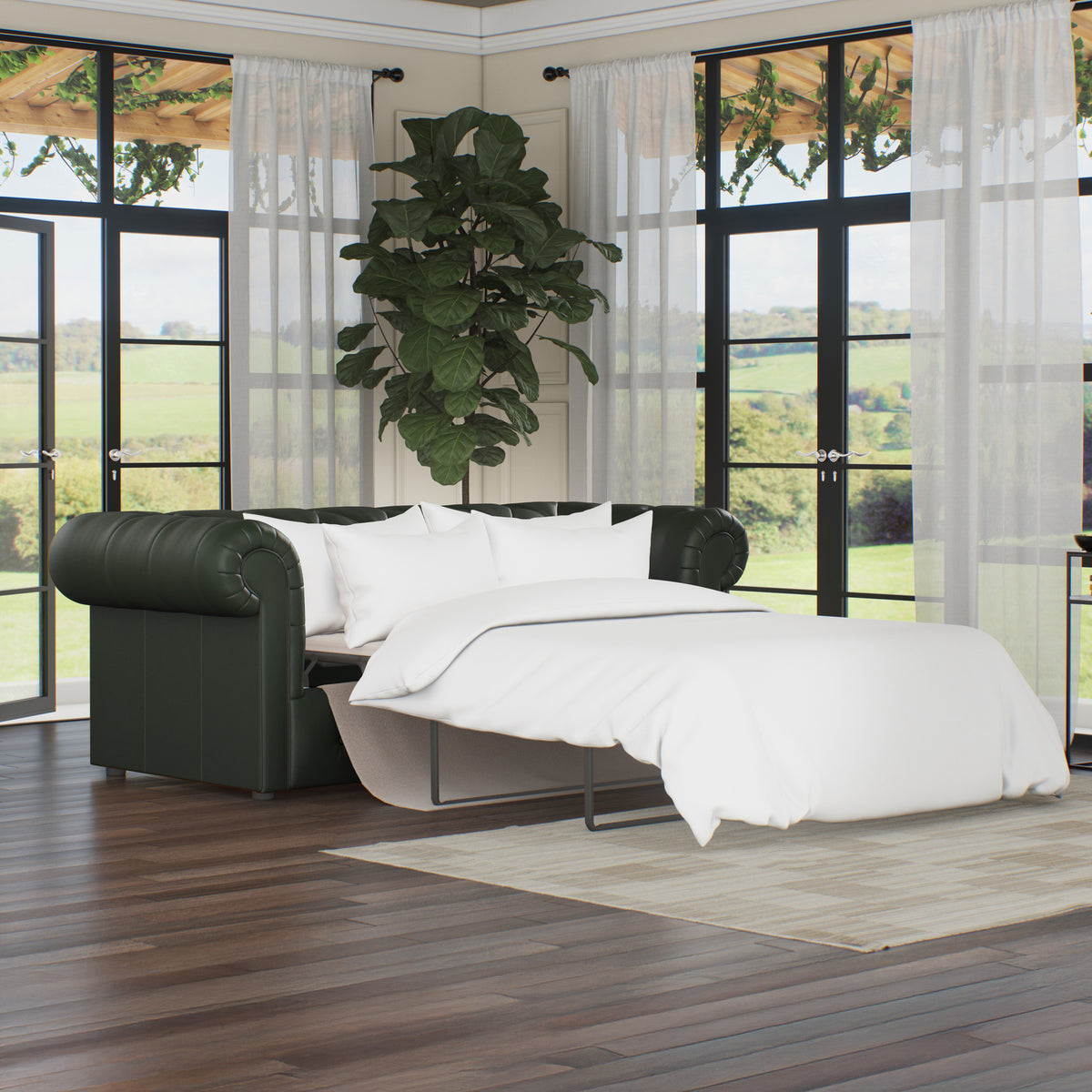 Everett Leather 3 Seater Sofa Bed Green from Roseland Furniture