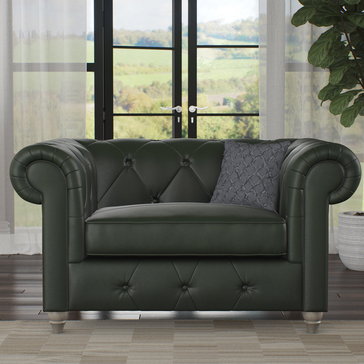 Everett Leather Snuggle Chair Green Washed Feet from Roseland Furniture