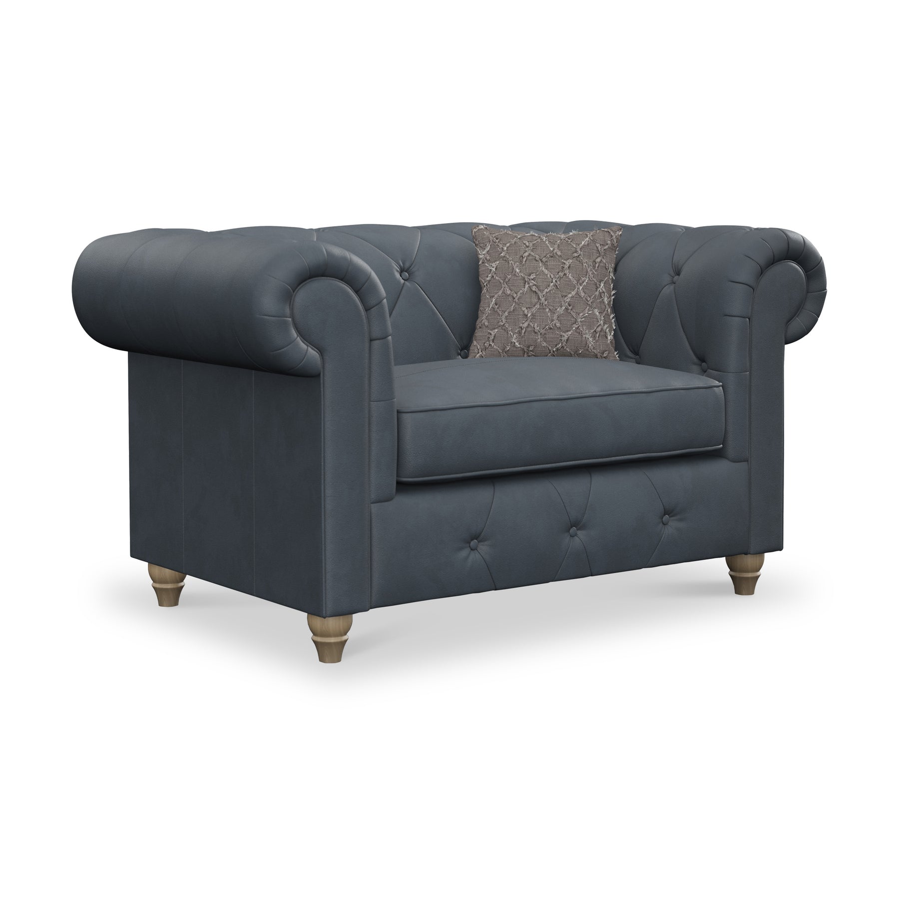 Everett Leather Snuggle Chair Navy Walnut Feet from Roseland Furniture