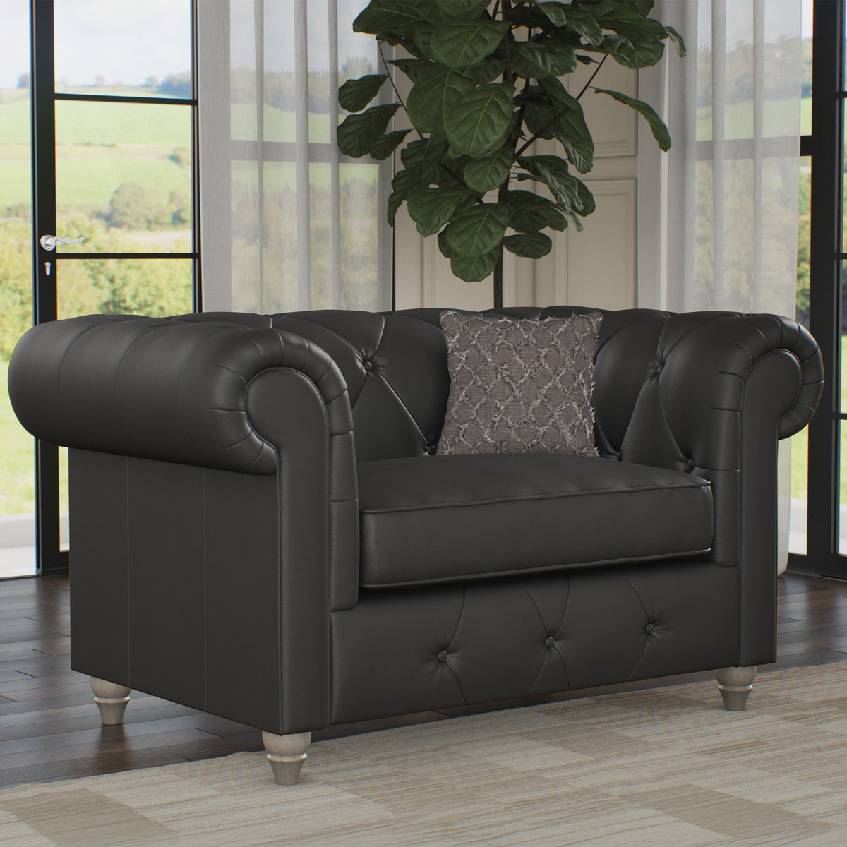 Everett Leather Snuggle Chair Raven Washed Feet from Roseland Furniture