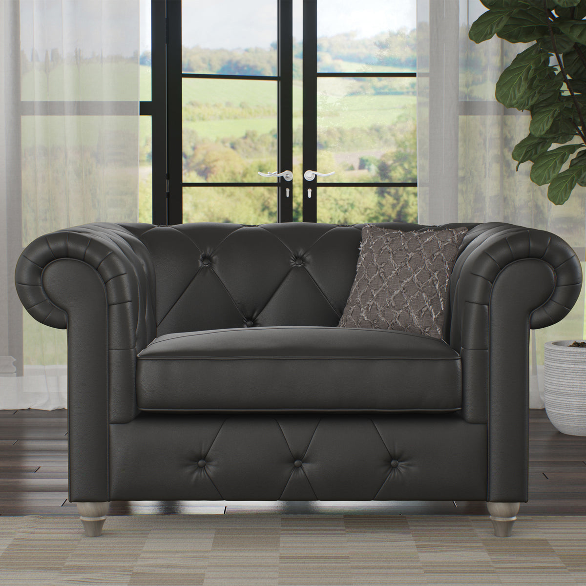 Everett Leather Snuggle Chair Raven Washed Feet from Roseland Furniture
