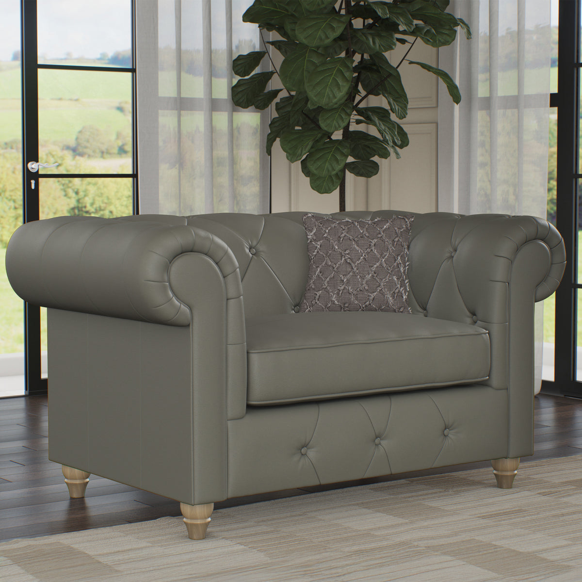 Everett Leather Snuggle Chair Stone Grey Walnut Feet from Roseland Furniture