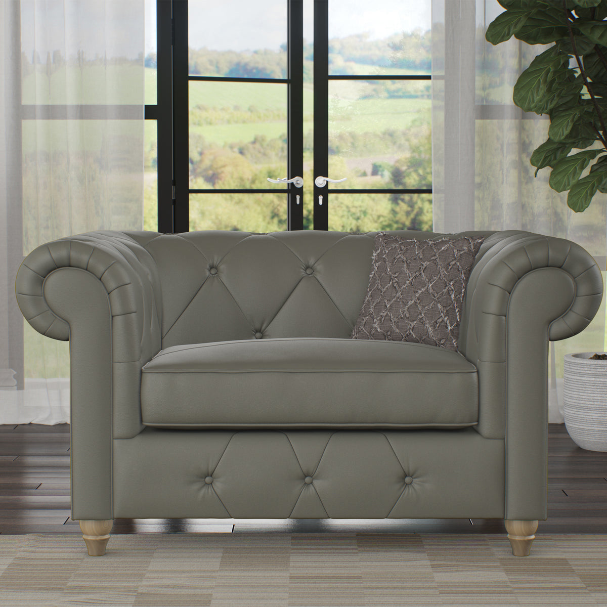 Everett Leather Snuggle Chair Stone Grey Walnut Feet from Roseland Furniture