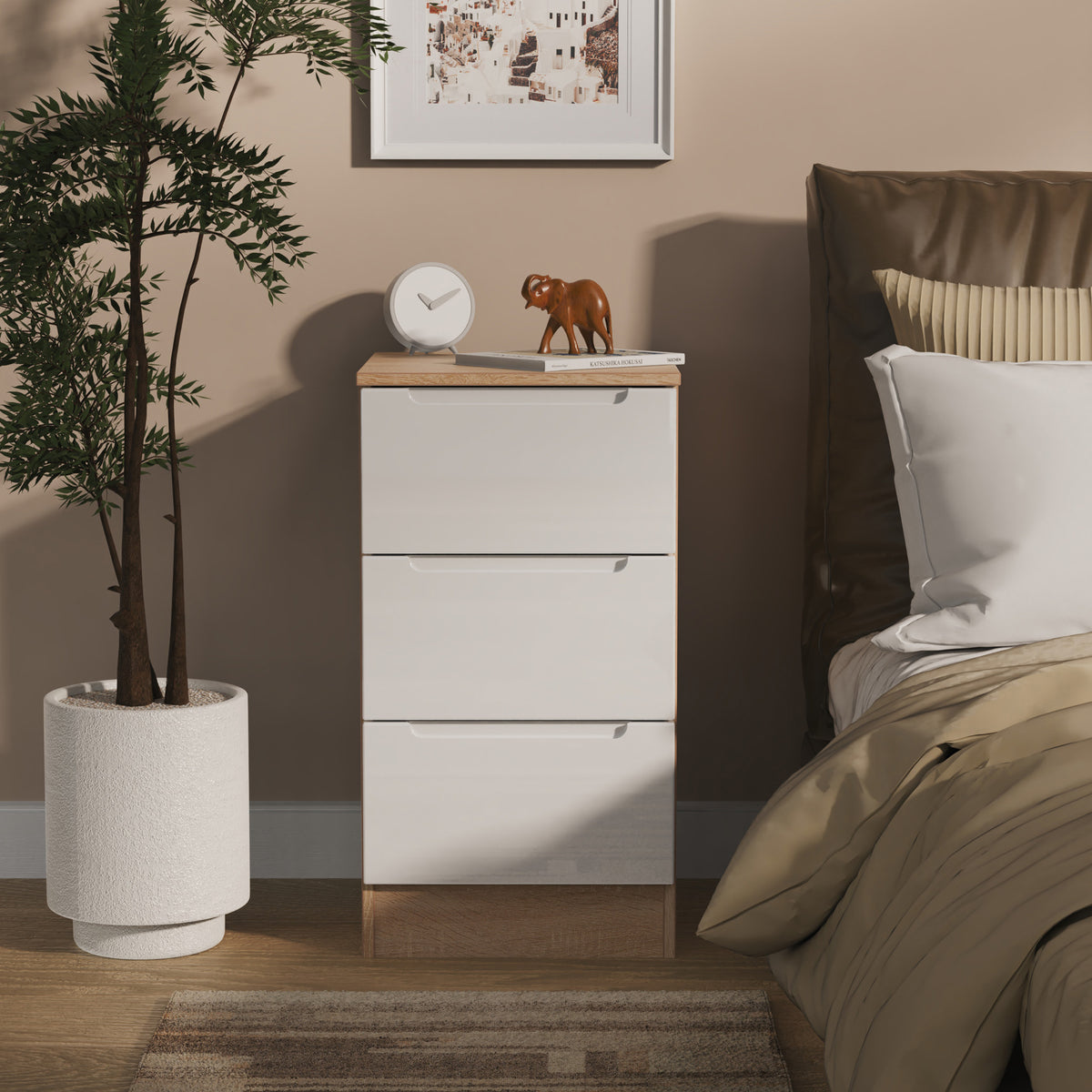 Henshaw 3 Drawer Bedside Table White Oak from Roseland Furniture