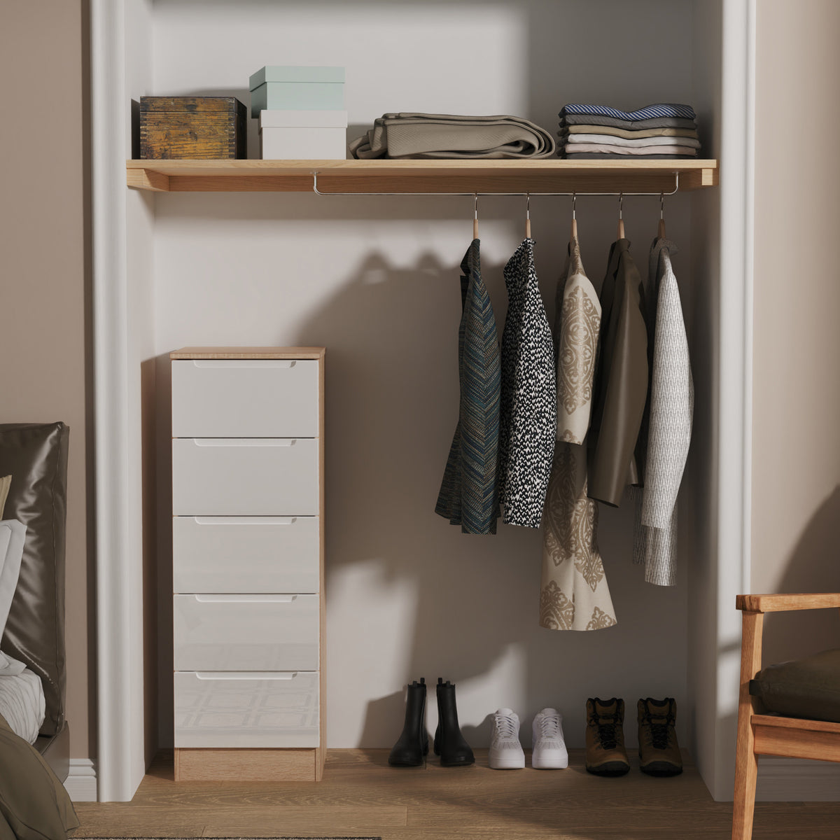 Henshaw 5 Drawer Tall Boy Bedside Table White Oak from Roseland Furniture