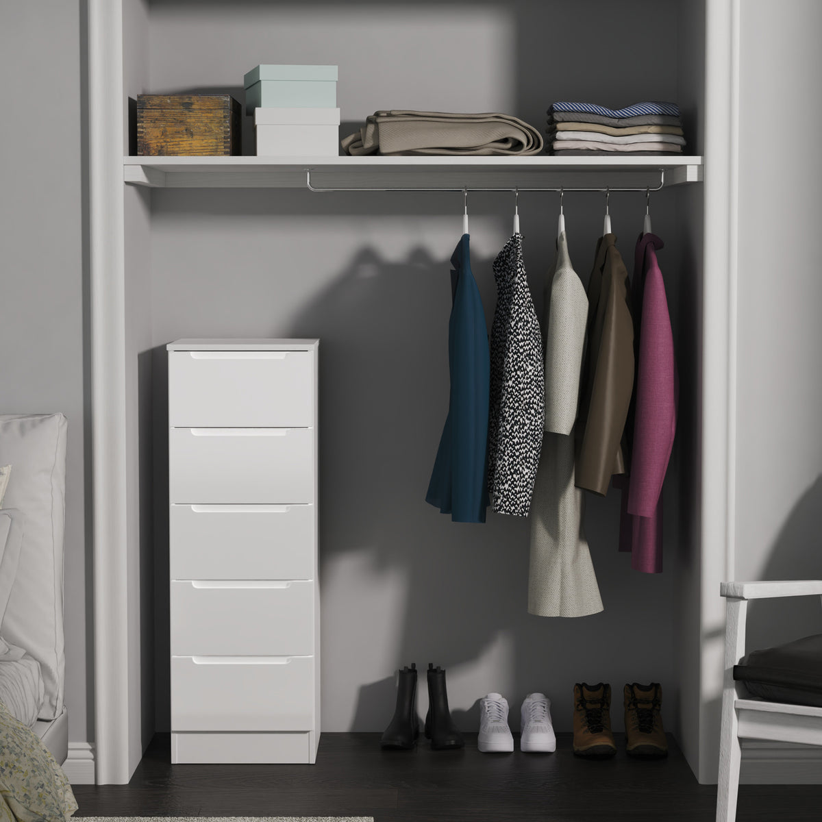 Henshaw 5 Drawer Tall Boy Bedside Table White from Roseland Furniture