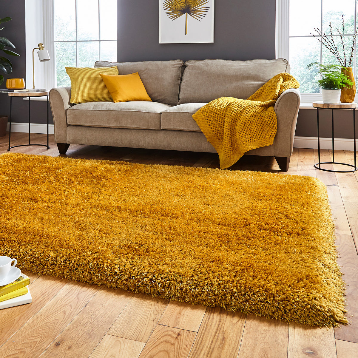 Newton Yellow Deluxe Shaggy Rug for living room