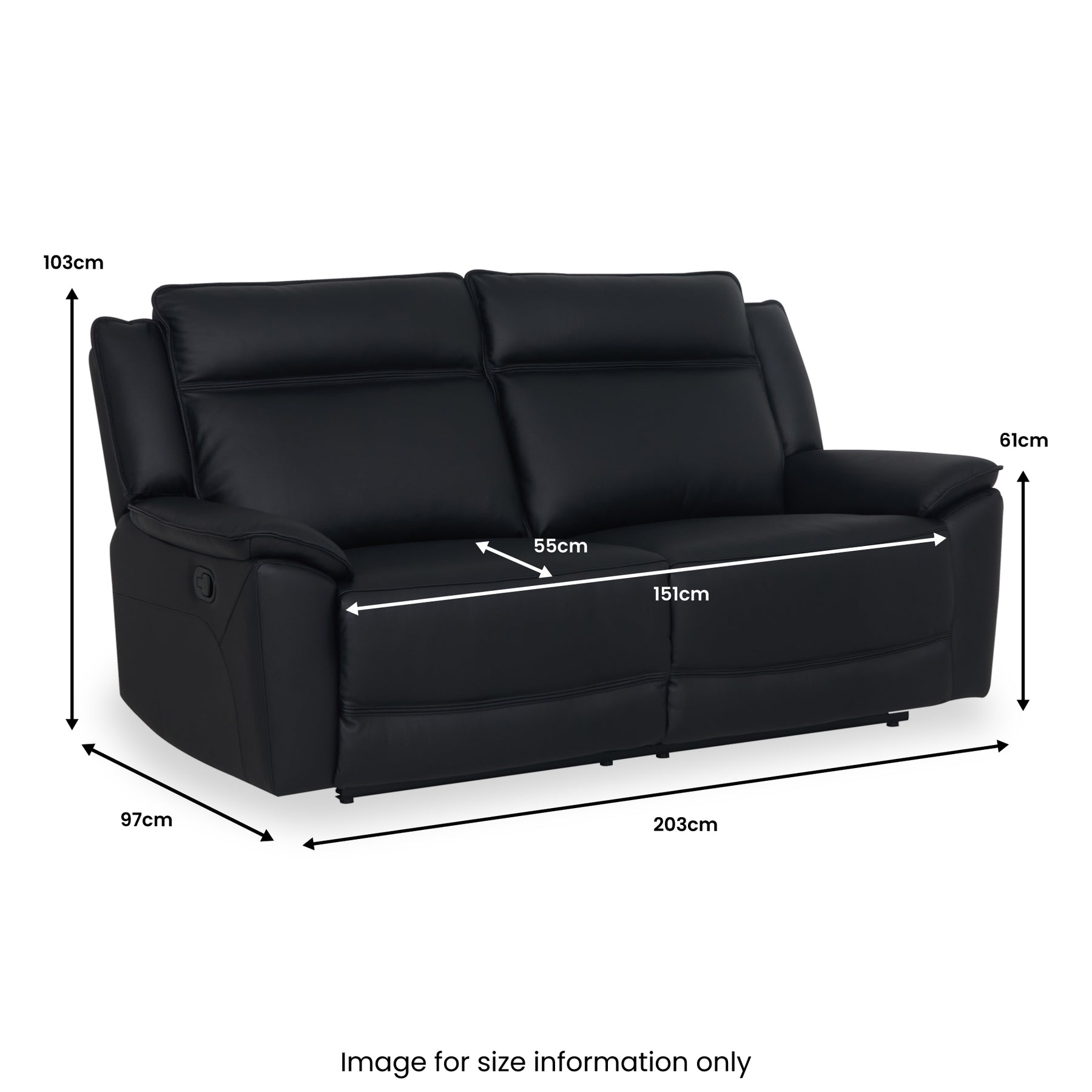 Alden Black Leather Recliner 3 Seater Sofa dimensions