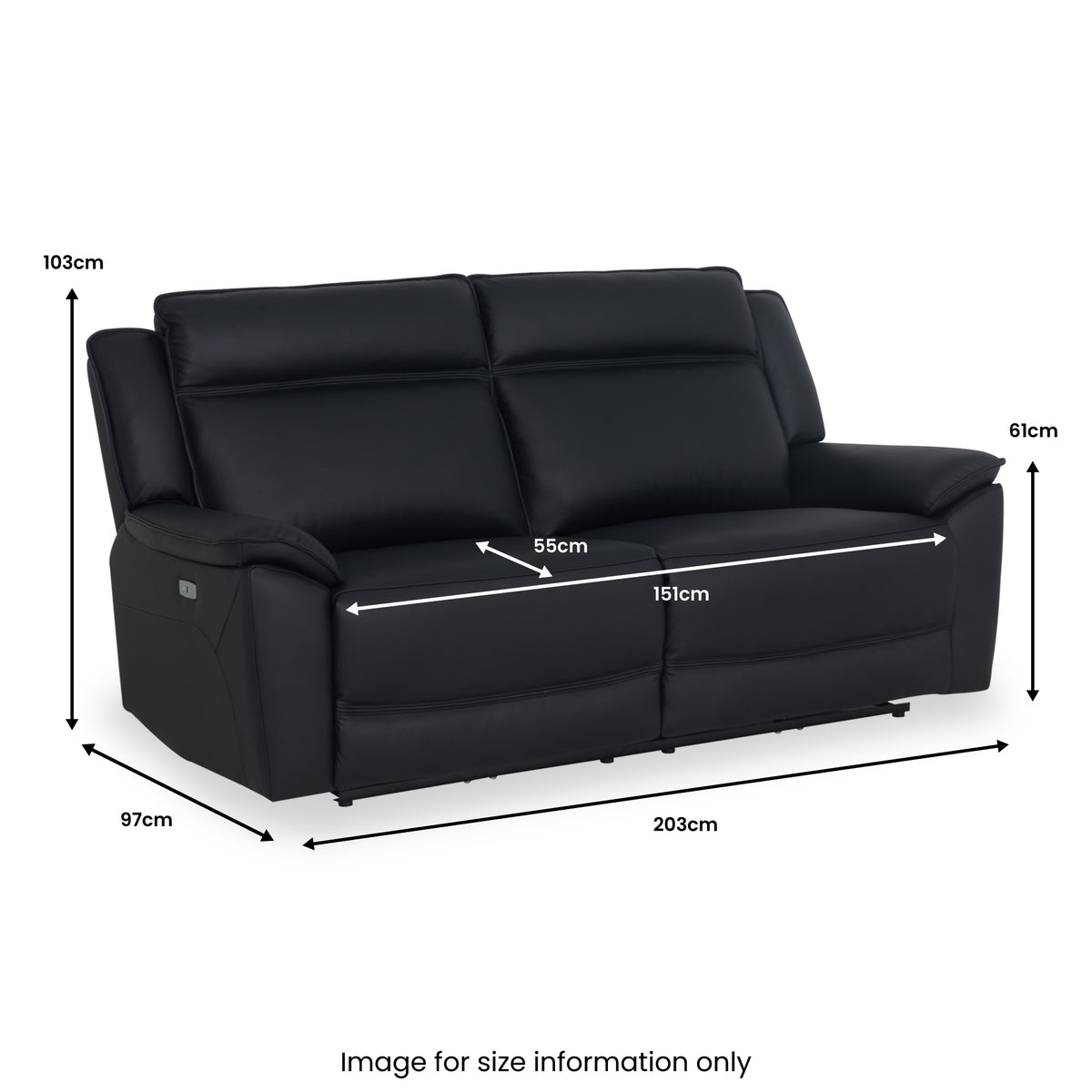 Alden Black Power Leather Recliner 3 Seater Sofa dimensions