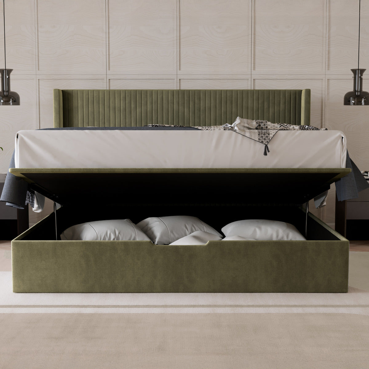 Princeton Slim Pleat Ottoman Bed Frame Olive from Roseland Furniture