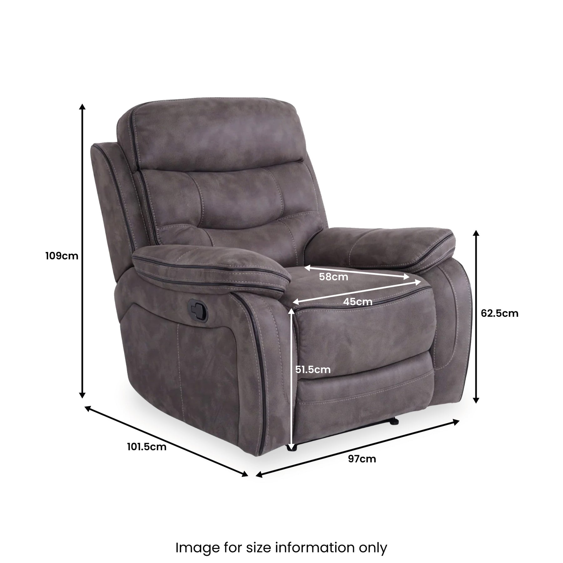 A gray recliner chair with dimension annotations: height 109cm, width 101.5cm, seat depth 51.5cm, armrest height 62.5cm. Text: "Image for size information only."