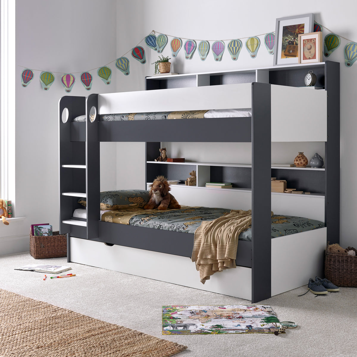 Ashbury Grey and White Storage Bunk Bed with Storage Drawer for bedroom